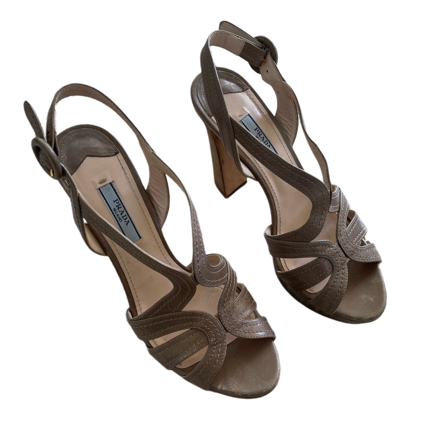 Prada Tan Leather Cut Out Slingback Platform Heels, Size 7