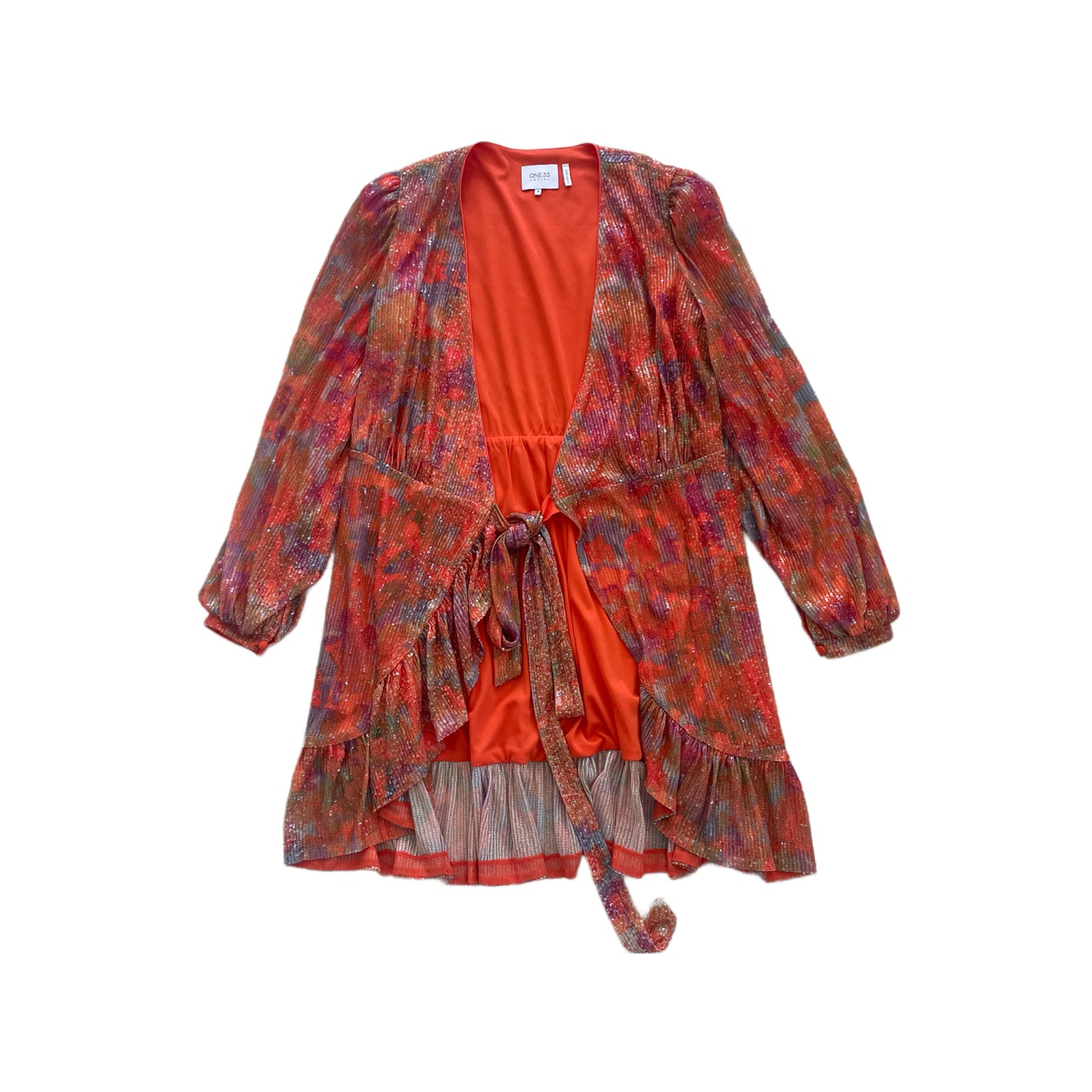 One 33 Social Sequin Abstract-Print Mini Flounce Wrap Dress, Size 4