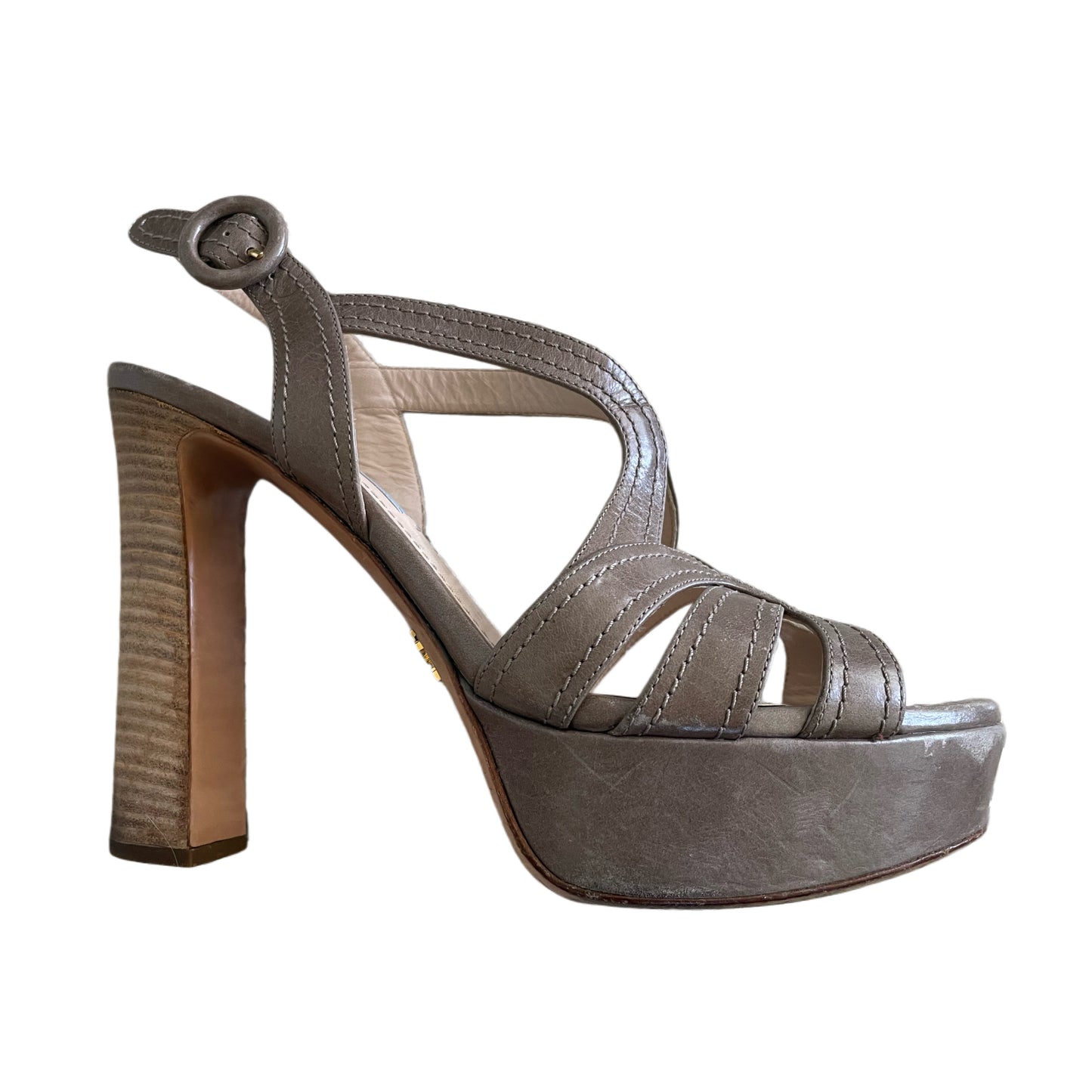 Prada Tan Leather Cut Out Slingback Platform Heels, Size 7