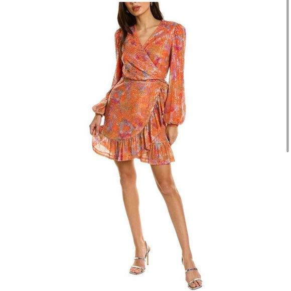 One 33 Social Sequin Abstract-Print Mini Flounce Wrap Dress, Size 4